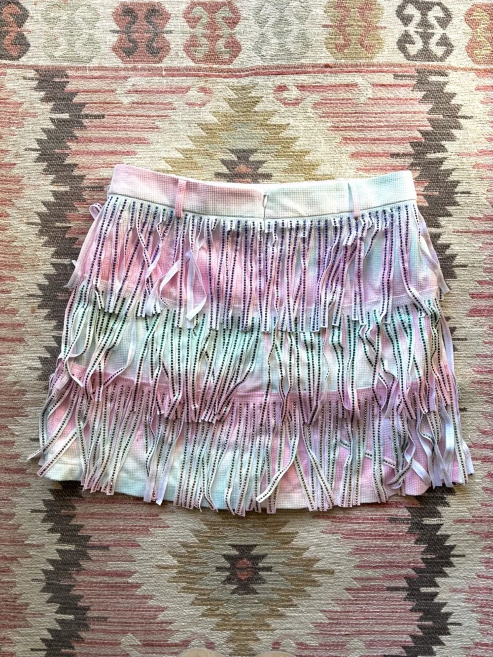 QUEEN OF SPARKLES Mardi Gras fringe pink and green mini skirt - Picture 6 of 6